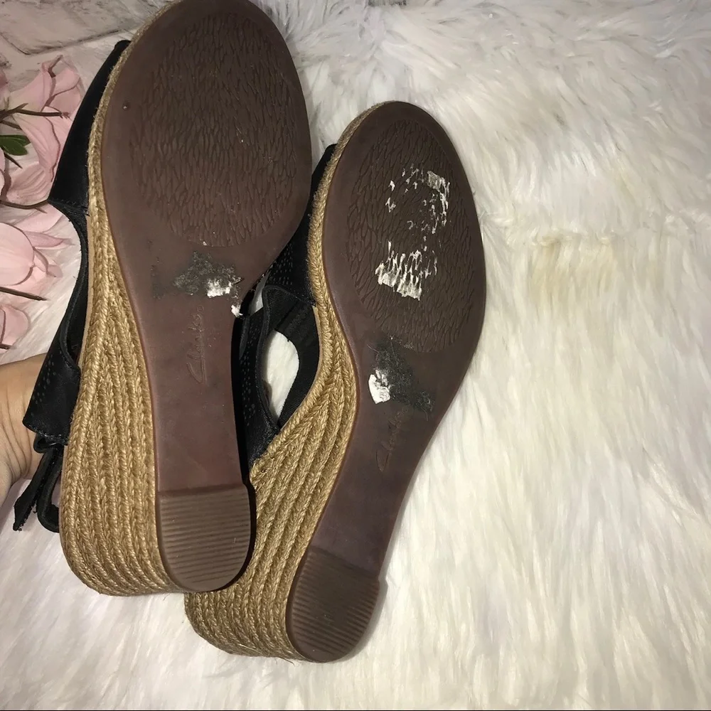 Clarks Black Leather Espadrille Wedge Sandals